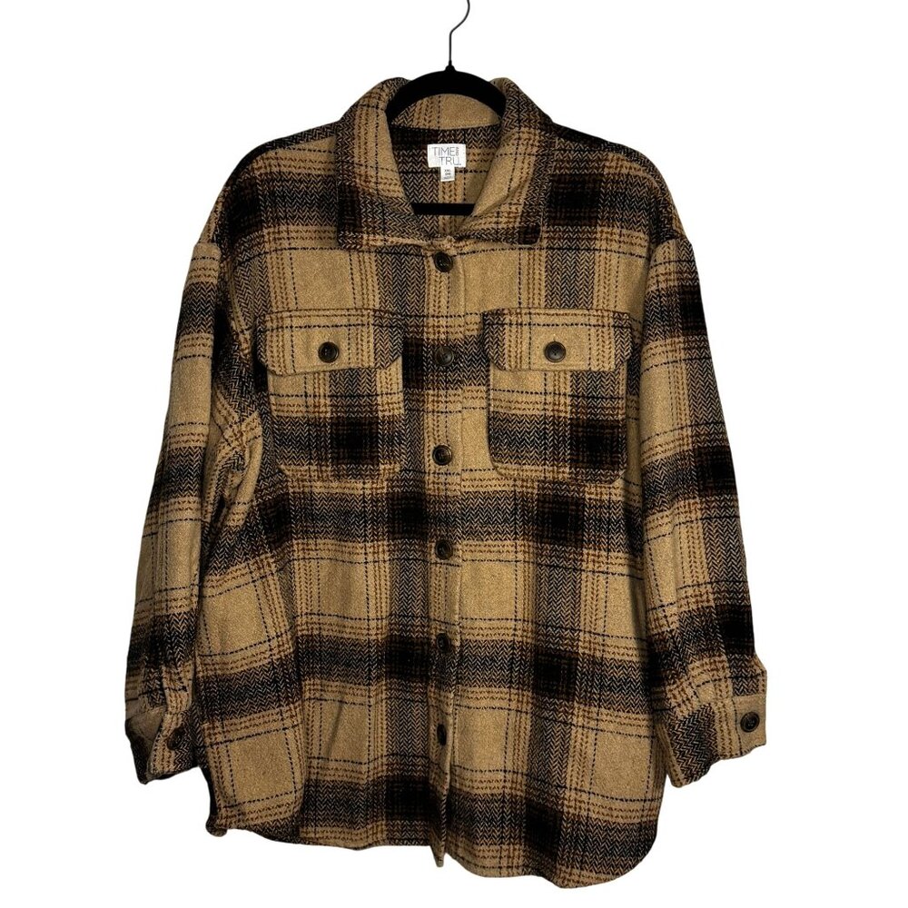 Time And Tru Womens Beige Plaid Button-Up Long Sleeve Shirt Jacket SZ XXLarge